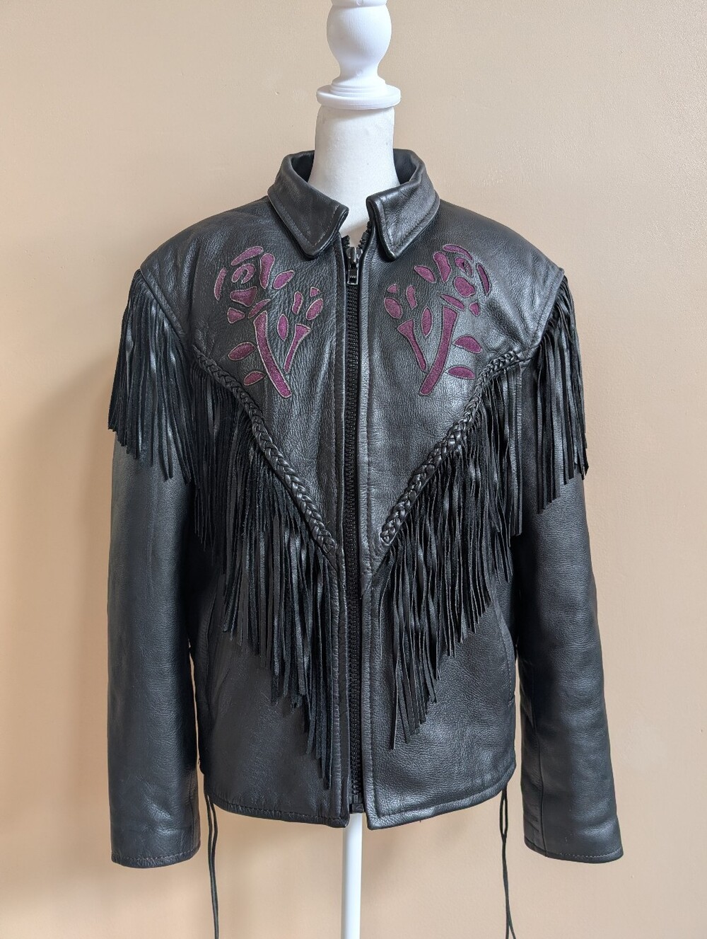 Vintage Black Leather Fringe Rose Biker Motorcycle Jacket Western Punk Moto XL
